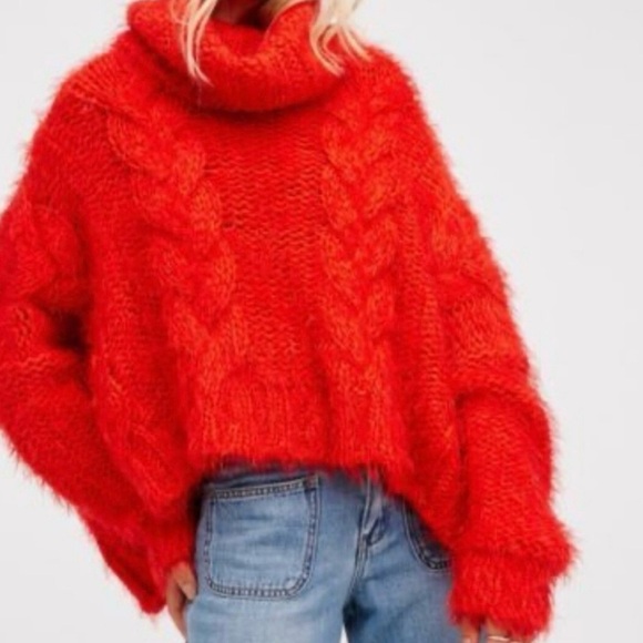 Free‎ People Red Oversized Chunky Cable Knit Cowl Neck...